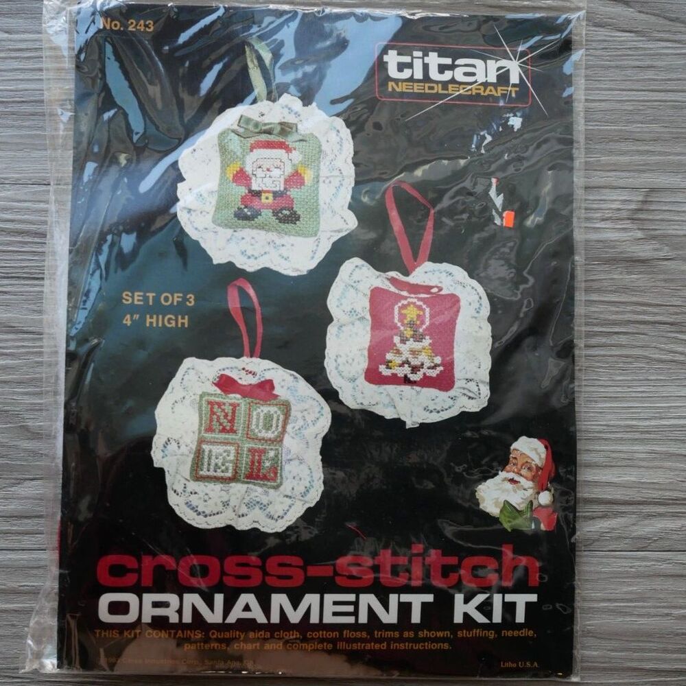Vintage Christmas Cross Stitch Ornament Kit Set of 3 Titan Needlecraft 1983